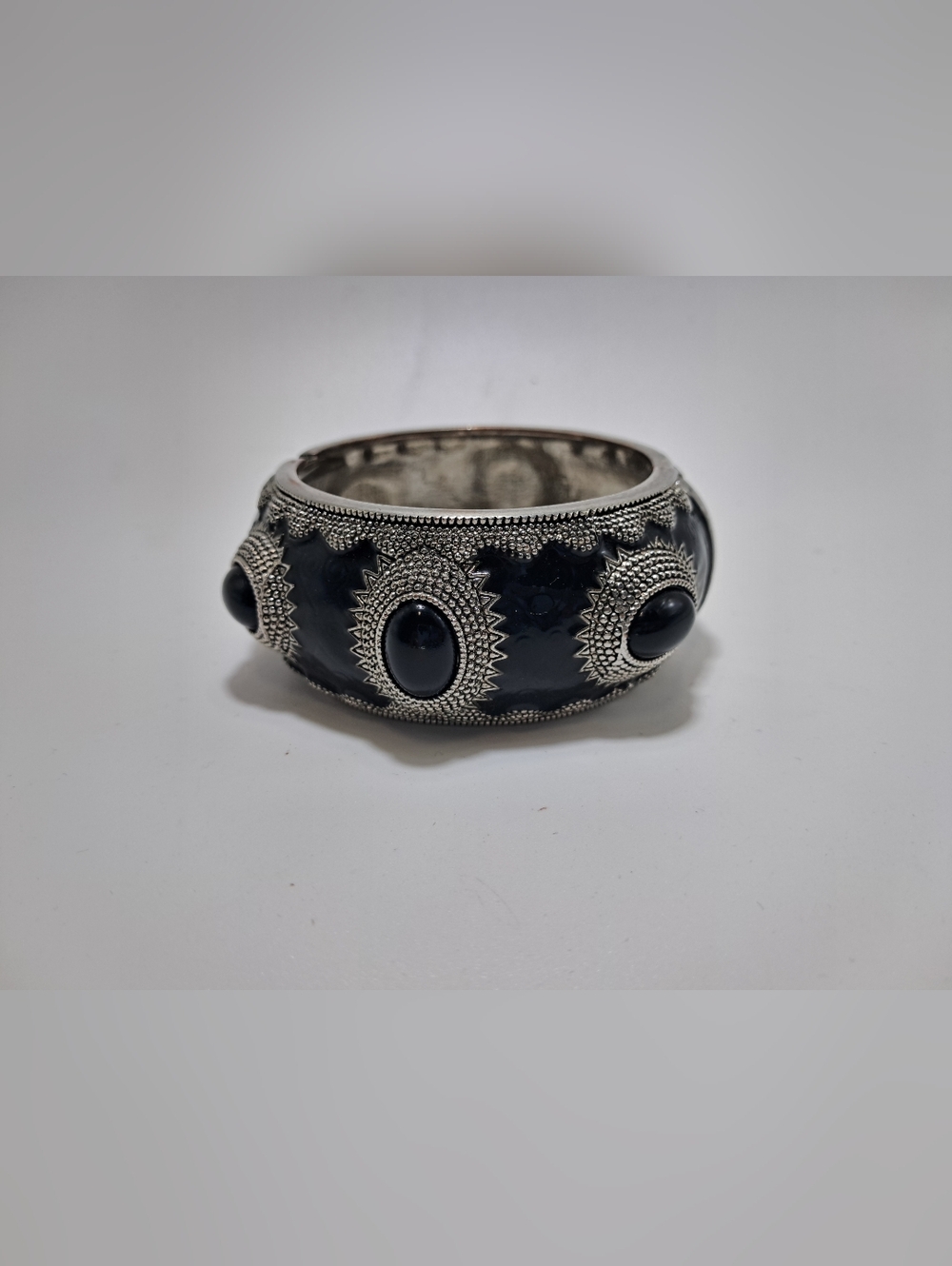 Black Stone Silver-Tone Accent Hinge Bangle Bracelet - Picture 2 of 5